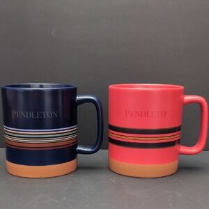 Set of 2 Pendleton Stoneware Mugs Blue/Red Striped.